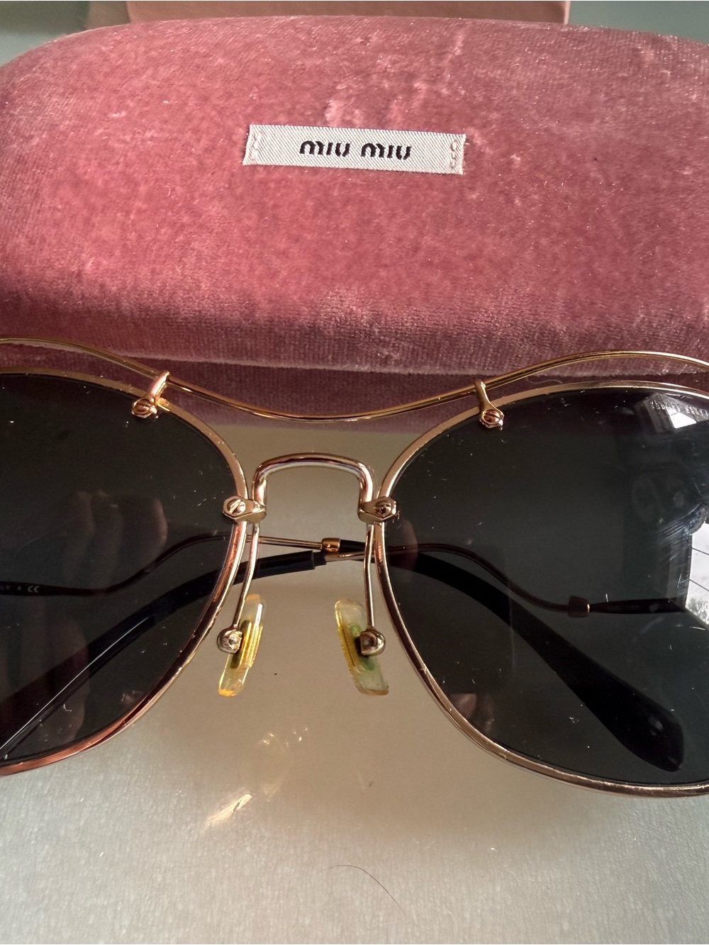 Miu Miu Gold Metal Aviator Sunglasses with Pink Velvet Case
